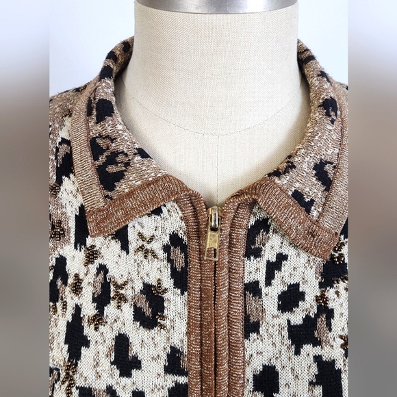 LISA Original Women's Leopard Print Zip Up Knit Jacket Shoulder Pad Cardigan, MD - Picture 5 of 16